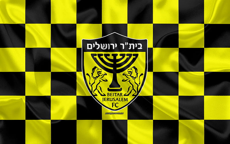 Beitar Jerusalem FC Israeli Premier League, yellow and black checkered flag, Israeli football club, silk flag, football, soccer, Beitar Jerusalem logo, Israel, HD wallpaper