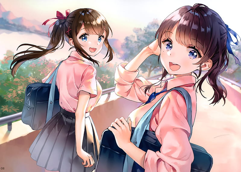 anime school girls, happy, brown hair, walking, Anime, HD wallpaper