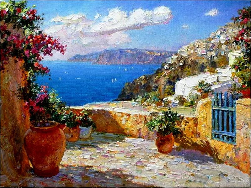 Andalusia, terace, bonito, sky, clouds, sea, painting, flowers, village, blue, HD wallpaper