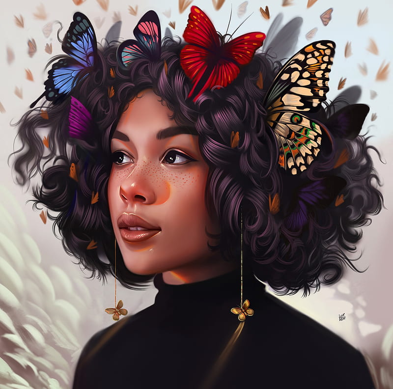 1080p Free Download Curly Art Fantasy Curls Yasar Vurdem Butterfly Girl Face Portrait 