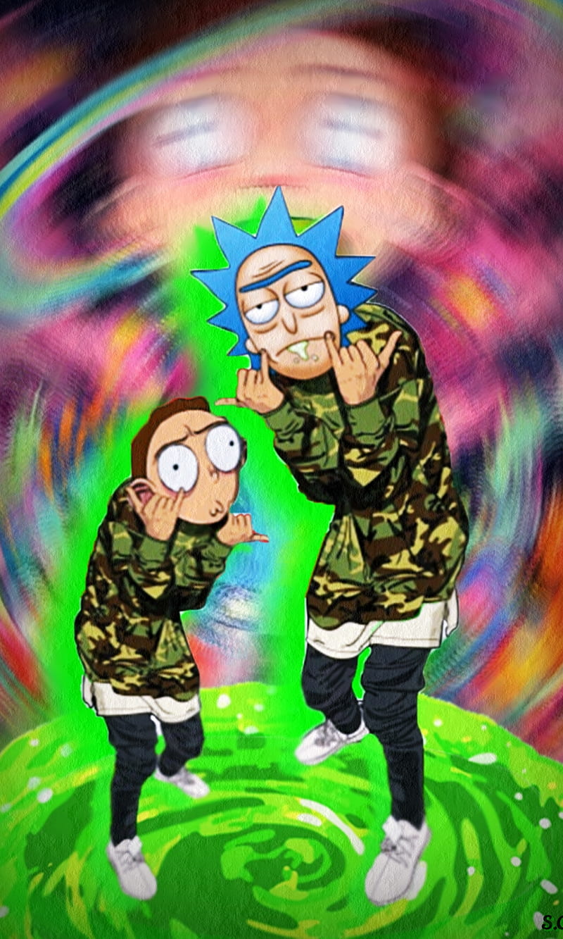 Rick and Morty tripy, apple, cartoon, ceu, desenho, deus, drugs