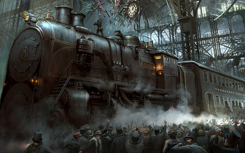 Steampunk Railways, station, locomotive, steam, large, HD wallpaper