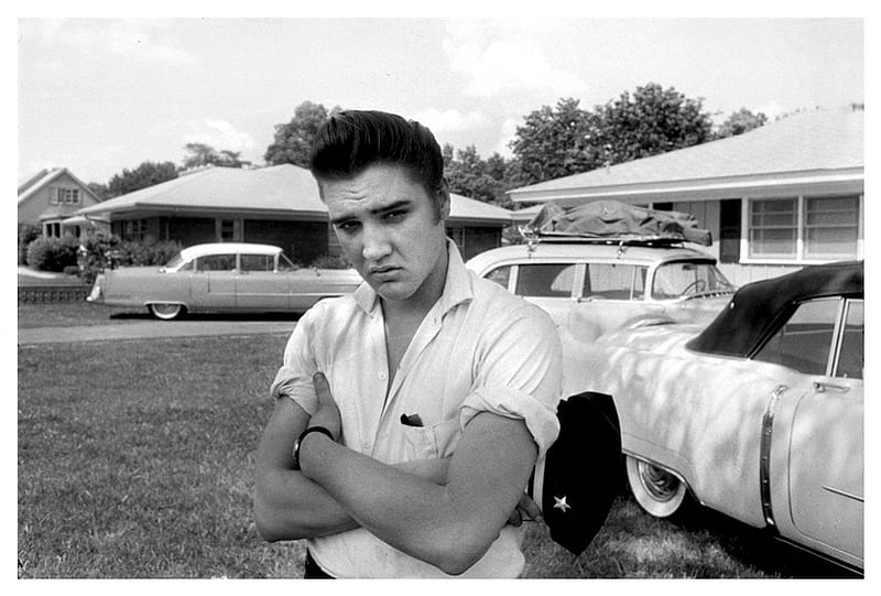 Young Elvis Presley, artist, movie, music, man, singer, young, Elvis Presley, car, actor, black and white, HD wallpaper