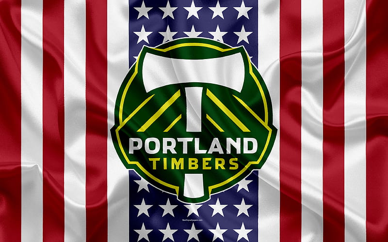 Portland Timbers logo, emblem, silk texture, American flag, football klb, MLS, Portland, Oregon, USA, Major League Soccer, Western Conference, HD wallpaper