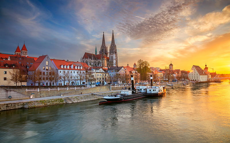 Regensburg, german cities, St Peter Cathedral, autumn, sunset, Bavaria, Germany, Europe, Regensburg Cathedral, HD wallpaper