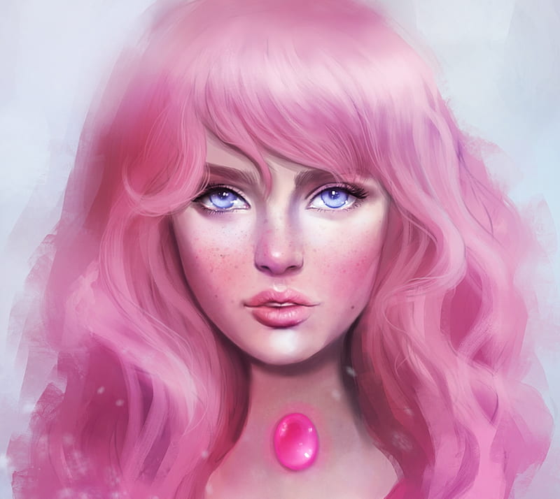 Pink cheeks, art, luminos, hair, fantasy, girl, face, sandramalie, blue eyes, pink, HD wallpaper