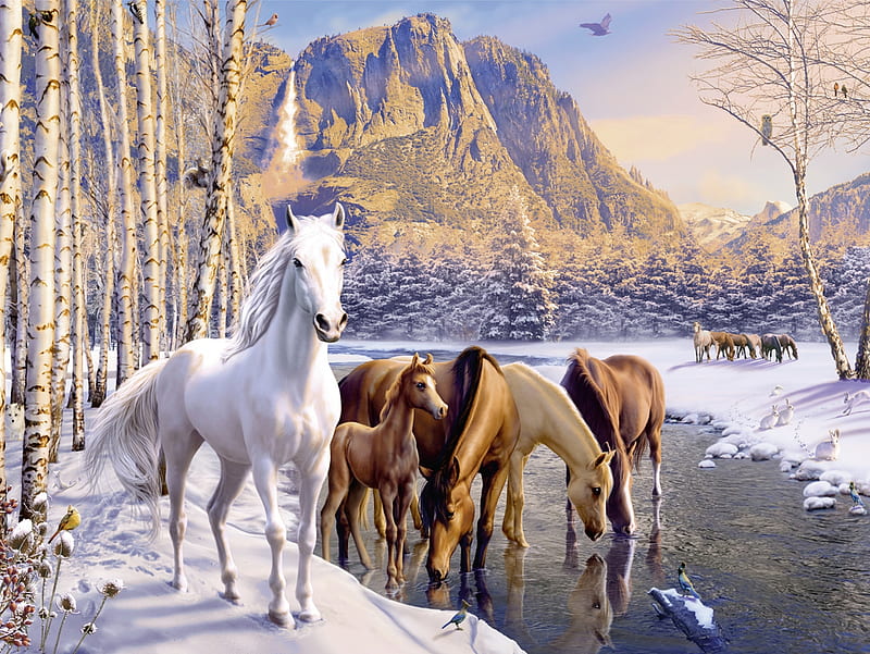 Horses, water, painting, pictura, horse, winter, iarna, art, brown, cal, white, HD wallpaper