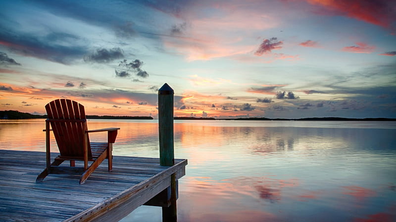 wonderful seat for lake view, view, chair, sunset, lake, wharf, HD wallpaper