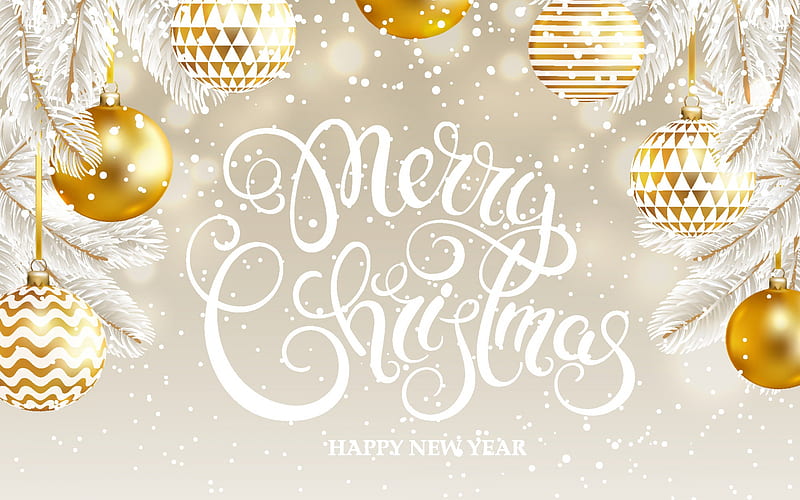 Merry Christmas, light background, golden Christmas balls, winter, white tree, 2019 New Year, HD wallpaper