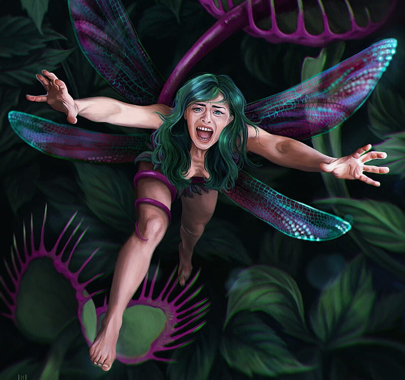 Snatched fairy, dark, carnivourous, floare carnivora, fairy, wings, luminos, fantasy, margarita bourkova, girl, green, pink, HD wallpaper