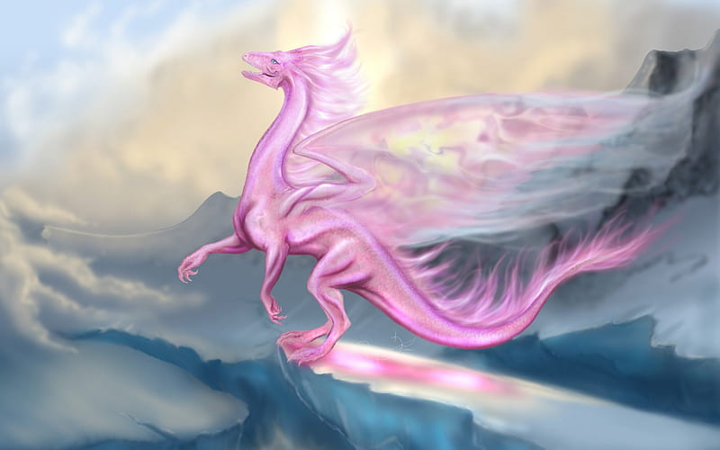 Pink dragon, art, fantasy, dragon, pink, blue, HD wallpaper