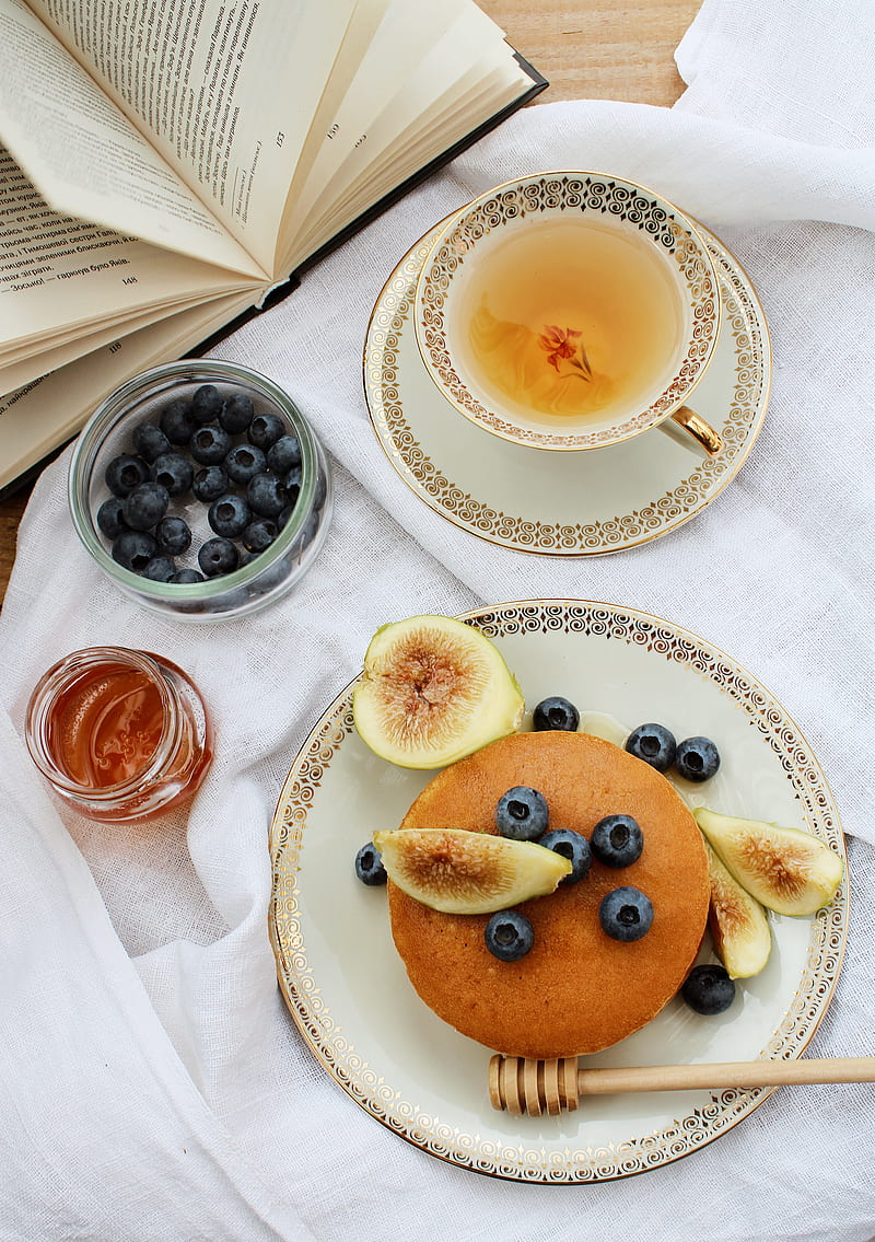 pancakes, figs, tea, pastries, blueberries, plate, table, HD phone wallpaper