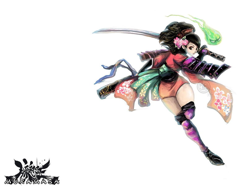 Momohime, oboro muramasa, games, video games, thigh highs, white background, long hair, sword, black hair, ninja, shinobi, kimono, brown eyes, weapons, lone, katana, solo, armour, HD wallpaper