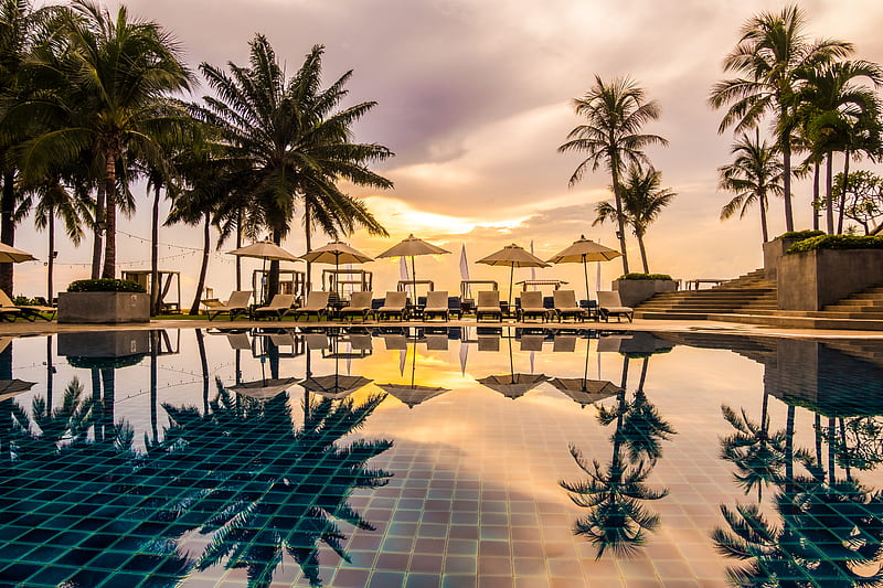 Luxury resort, Sea, Outdoor, Swimming pool, Umbrellas, HD wallpaper