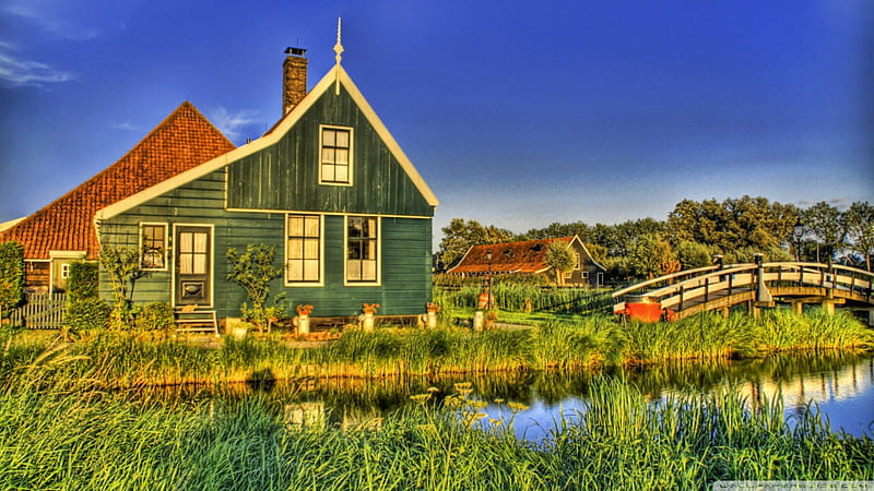 Holland Farmhouse, architecture, graphy, farmhouse, Holland, Houses, summer, nature, HD wallpaper