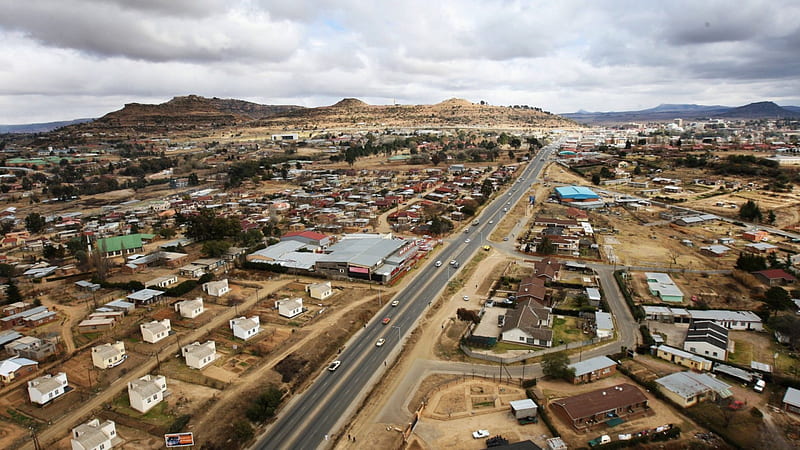 aerial view of museru capital of lesotho, highway, city, desert, view, clouds, aerial, HD wallpaper