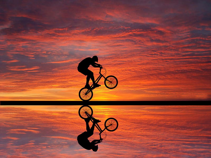 People, Sunset, Sky, Reflection, Silhouette, Bike, Cloud, , Bmx, Sport, HD wallpaper