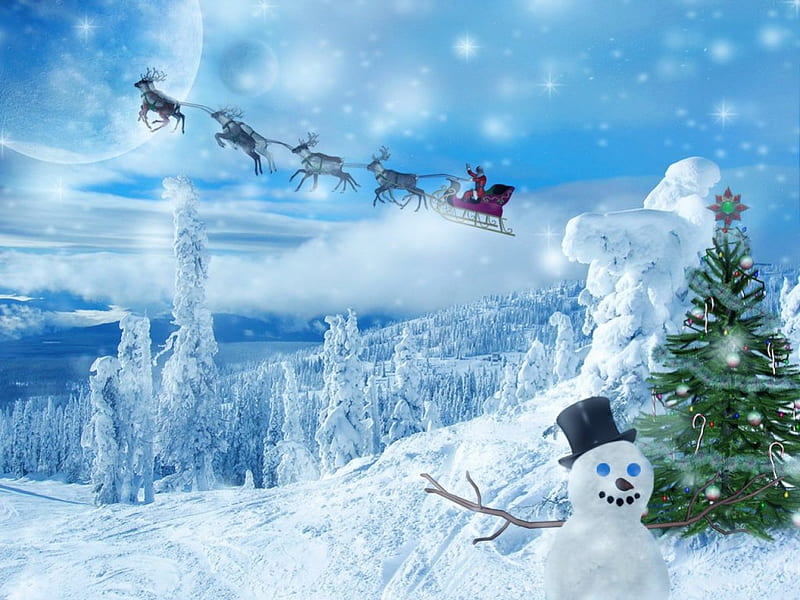 chilly christmas morning, tree, snowman, snow, deer, HD wallpaper