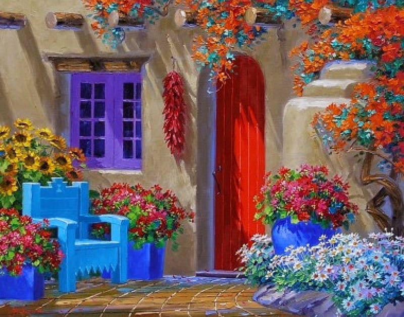 Courtyard, lilac, red, house, wonderful, orange, painting, chairs, color, flowers, gorgeous, blue, art, doors, happy, windows, pots, awesome, Mikki Senkarik, modern-realism, HD wallpaper