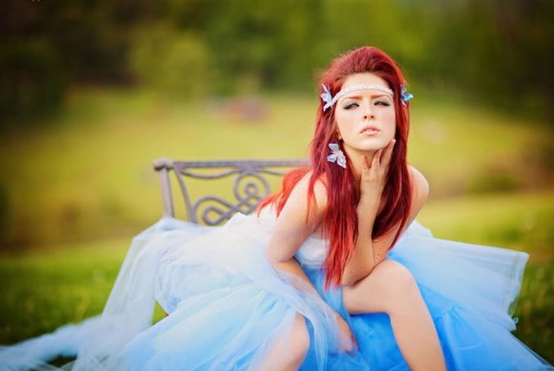 Pretty Girl, ballerina, redhead, beauty, blue tulle, HD wallpaper