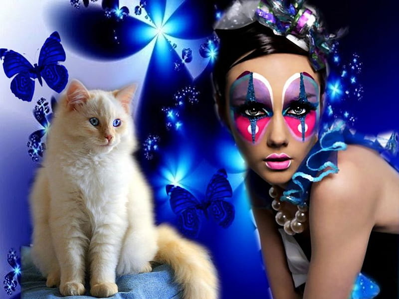 Costume Party, red, black, butterflies, cat, woman, feline, fantasy, gold, girl, peach, pink, blue, HD wallpaper