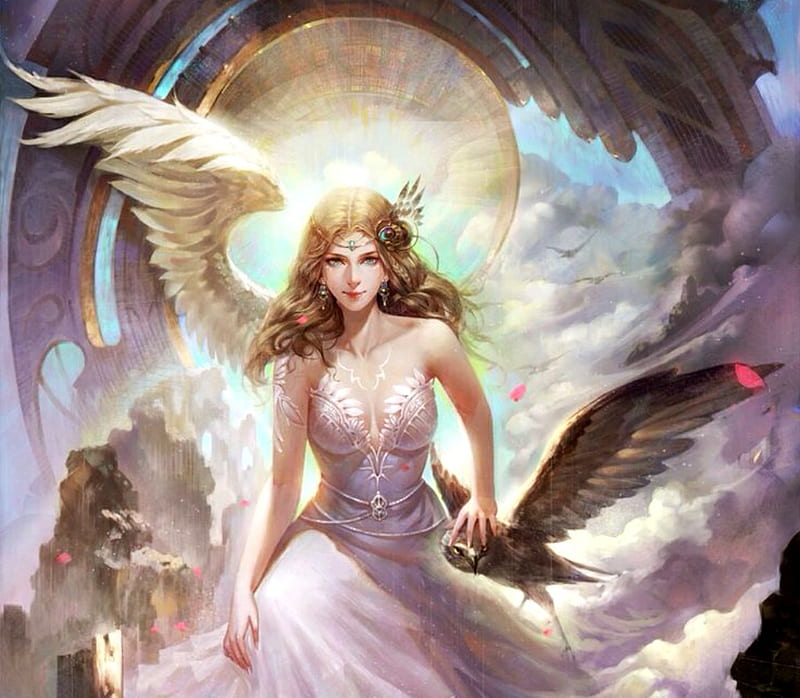 Angel, owl, wings, luminos, pasare, game, black, fantasy, girl, bird, white, HD wallpaper