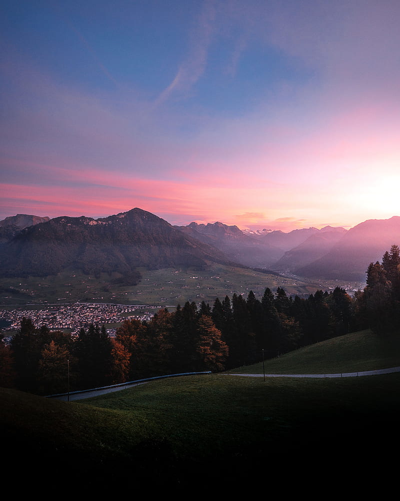 mountains, trees, sky, dawn, switzerland, HD phone wallpaper