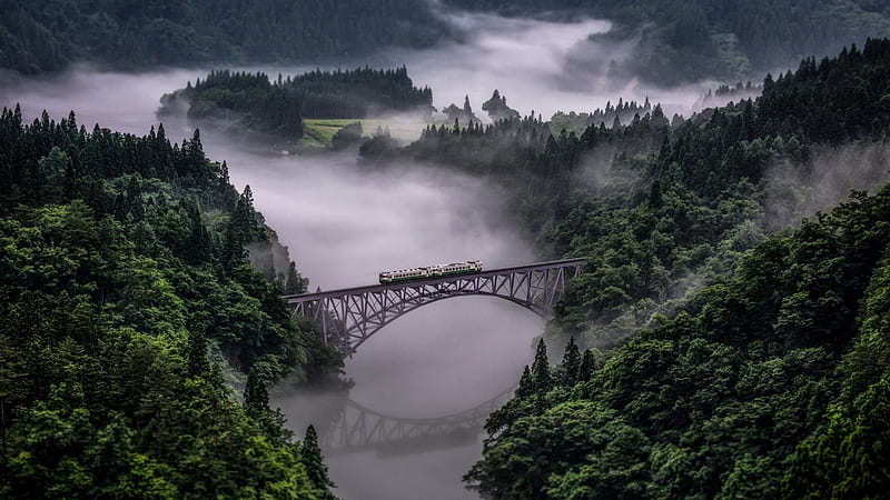 A Line in Japan, mountain, japan, railway, train, japanese, nature, scenery, mist, HD wallpaper