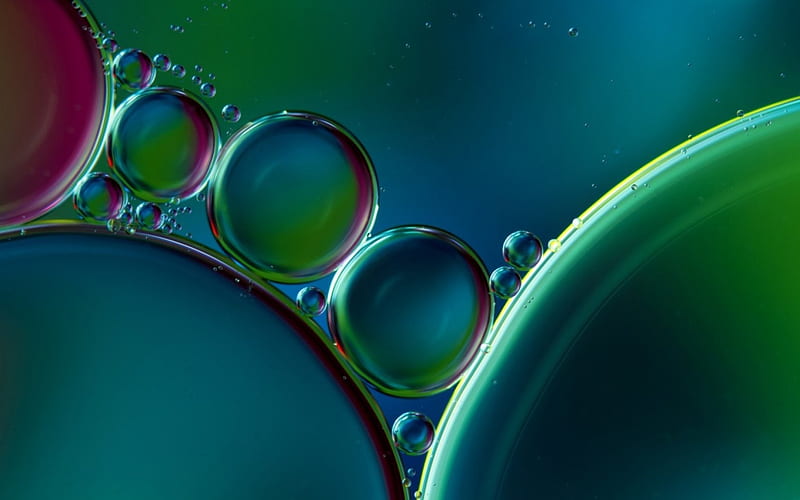 Oil bubbles in water, luminos, oil, drops, glass, water, green, texture, bubbles, blue, HD wallpaper