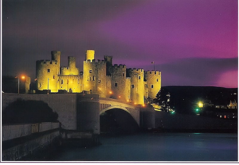 Conway Castle at night, water, colours in the sky, bridge, lights, HD wallpaper