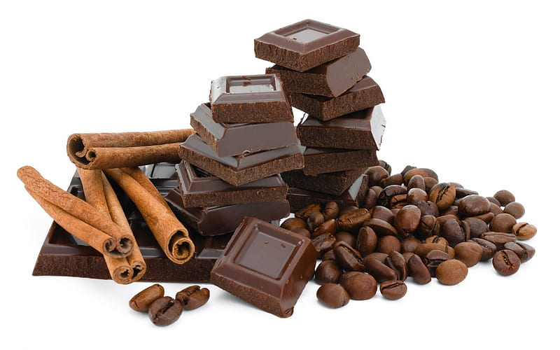Chocolate, cinnamon and coffee, dark chocolate, chocolate, cinnamon, coffee beans, sweet, HD wallpaper