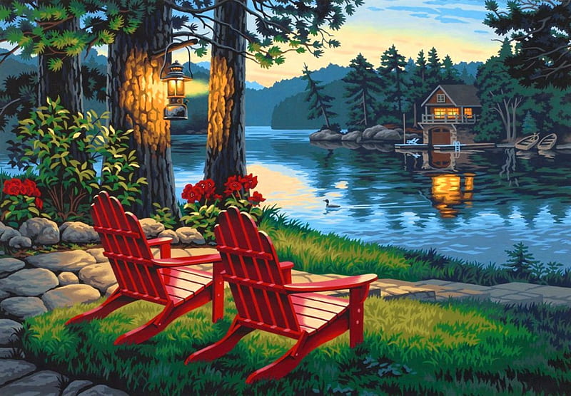 Adirondack evening, pretty, house, riverbank, shore, grass, cottage, dusk, Adirondack, cabin, bonito, picnic, nice, painting, chairs, river, evening, reflection, light, art, rest, forest, quiet, calmness, lovely, view, relax, trees, lake, serenity, peaceful, nature, HD wallpaper