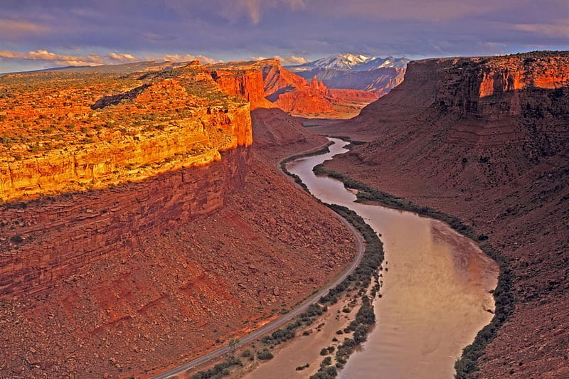 Colorado River, La Sal Mountains, Utah, water, sky, valley, mountains, HD wallpaper