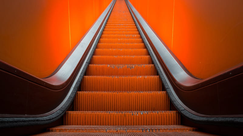 escalator, stairs, orange, HD wallpaper