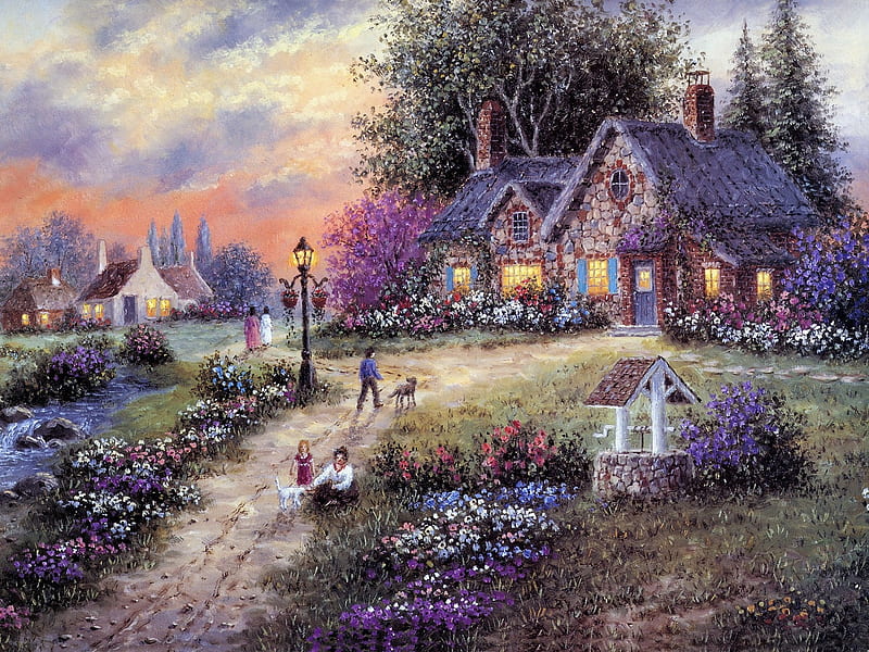 Cottage, house, dennis patrick lewan, man, purple, painting, summer, flower, pictura, HD wallpaper