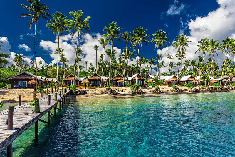 Rest in Samoa, summer, pool, tropics, rest, vacation, huts, bonito, palms, beach, Samoa, paradise, sands, HD wallpaper