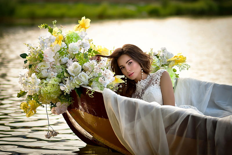 ლ, Boat, Girl, Flowers, Pose, HD wallpaper