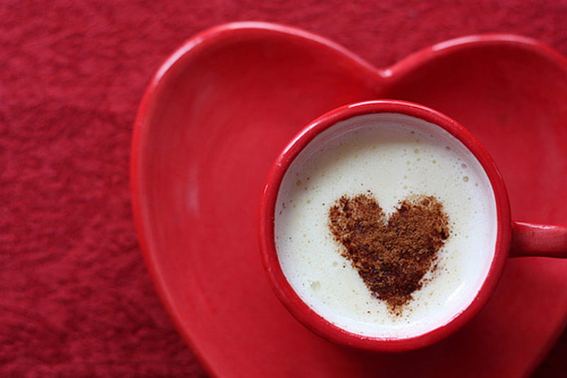 special morning, red, cacao, coffee, love, heart, cappuccino, cup, HD wallpaper