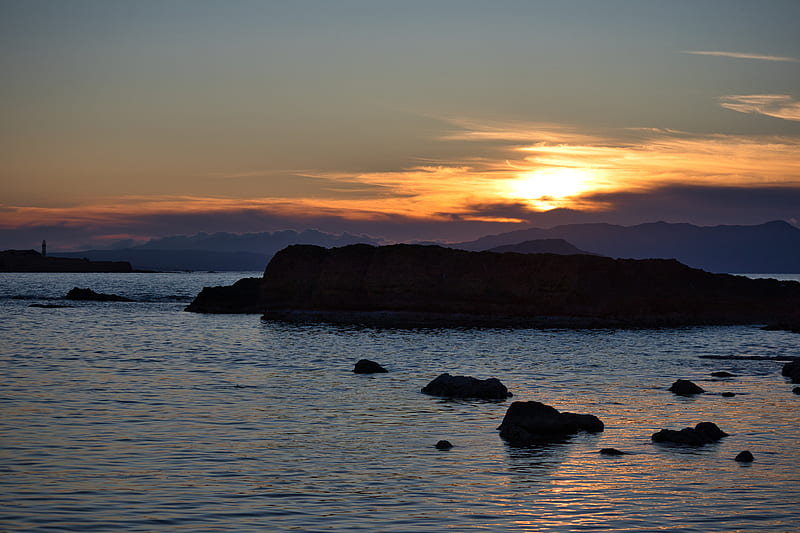 rocks, silhouettes, sea, sunset, dark, HD wallpaper