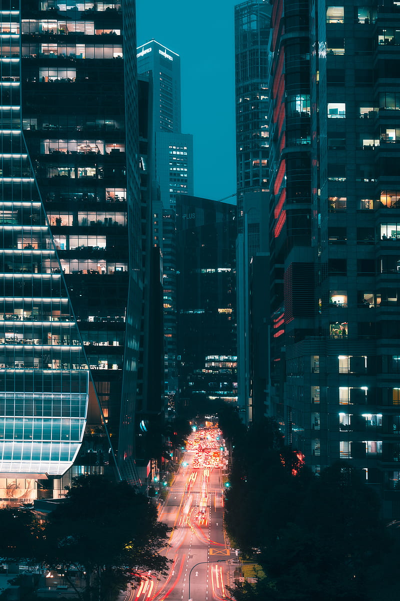 night city, street, aerial view, road, buildings, lights, HD phone wallpaper