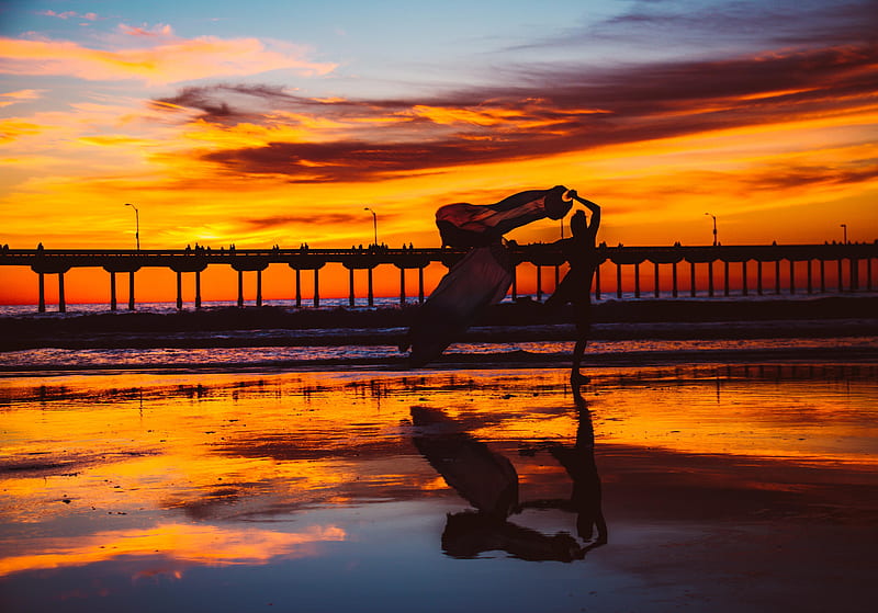 Sunset, Dance, Silhouette, Girl, beach, Pier, HD wallpaper