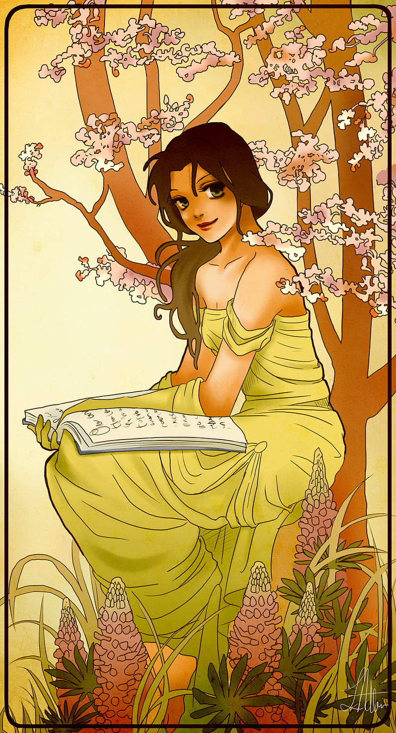 cartoon, Beauty and the Beast, Belle, Art Nouveau, artwork, Hannah Alexander, HD phone wallpaper