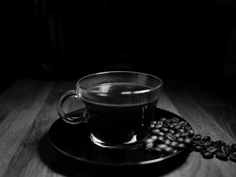 coffee, drink, coffee beans, cup, black and white, HD wallpaper