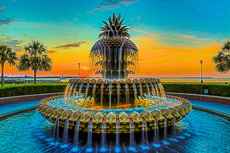 Pineapple Fountain, Charleston, SC, water, sunset, trees, sea, coast, HD wallpaper