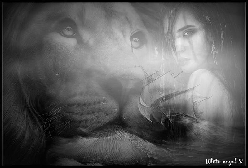 fantasy, black and white, warior, lady, lion, HD wallpaper