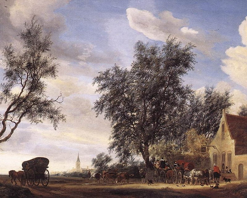 Salomon van Ruysdael - Stop at an Inn, painting, seventeenth century, dutch, landscape, HD wallpaper