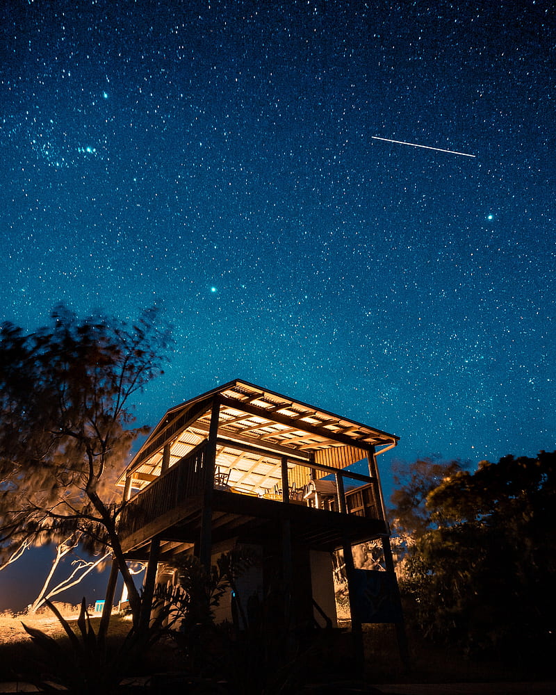 house, starry sky, stars, night, HD phone wallpaper