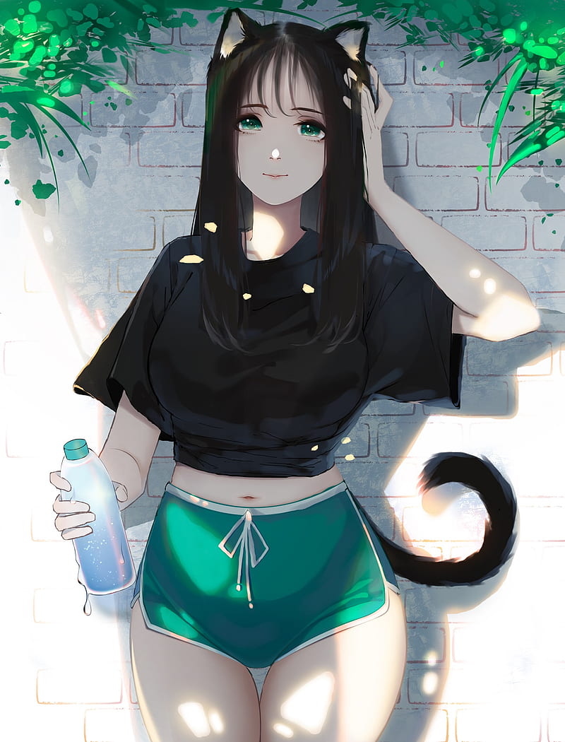 Anime girls, simple background, black hair, animal ears, cat girl, green  eyes, HD phone wallpaper | Peakpx