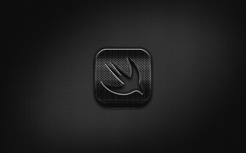 Swift black logo, programming language, grid metal background, Swift, artwork, creative, programming language signs, Swift logo, HD wallpaper