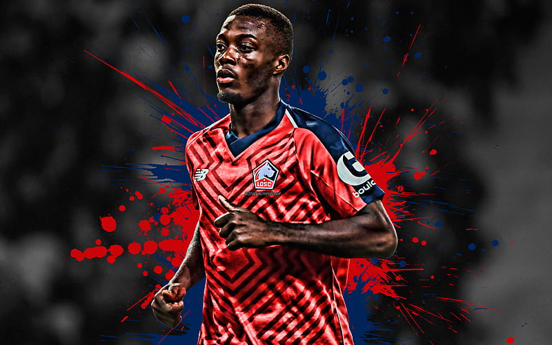 Nicolas Pepe Ivorian football player, Lille OSC, striker, red and blue paint splashes, creative art, Ligue 1, Lille, France, football, grunge, Lille Olympique Sporting Club, HD wallpaper